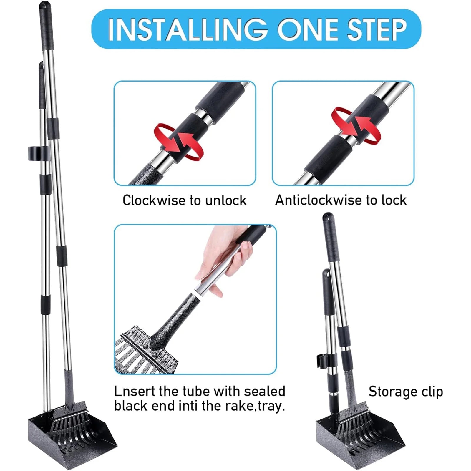 Pet Pooper Scooper, Height Adjustable Dog Poop Scoop Removal Picker with Long Handle Extra Large Tray - Easy to Wash