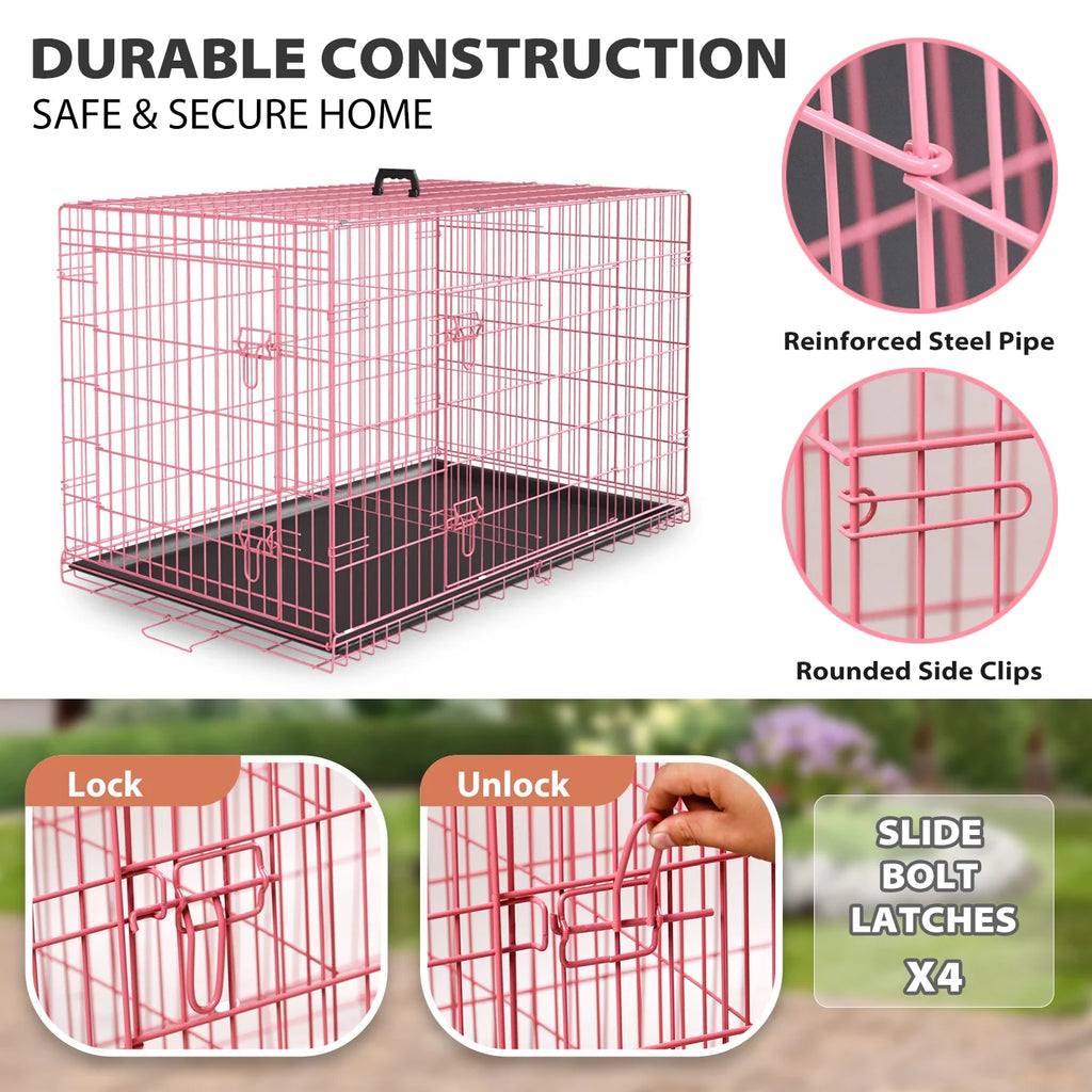 48 Inch Dog Crate, Dog Crates and Kennels for Big Dog Foldable Large Dog Crate for Large Dogs with Handle Double-Door Outdoor Metal Wire Dog Cage with Plastic Tray for Medium Dogs, Pink