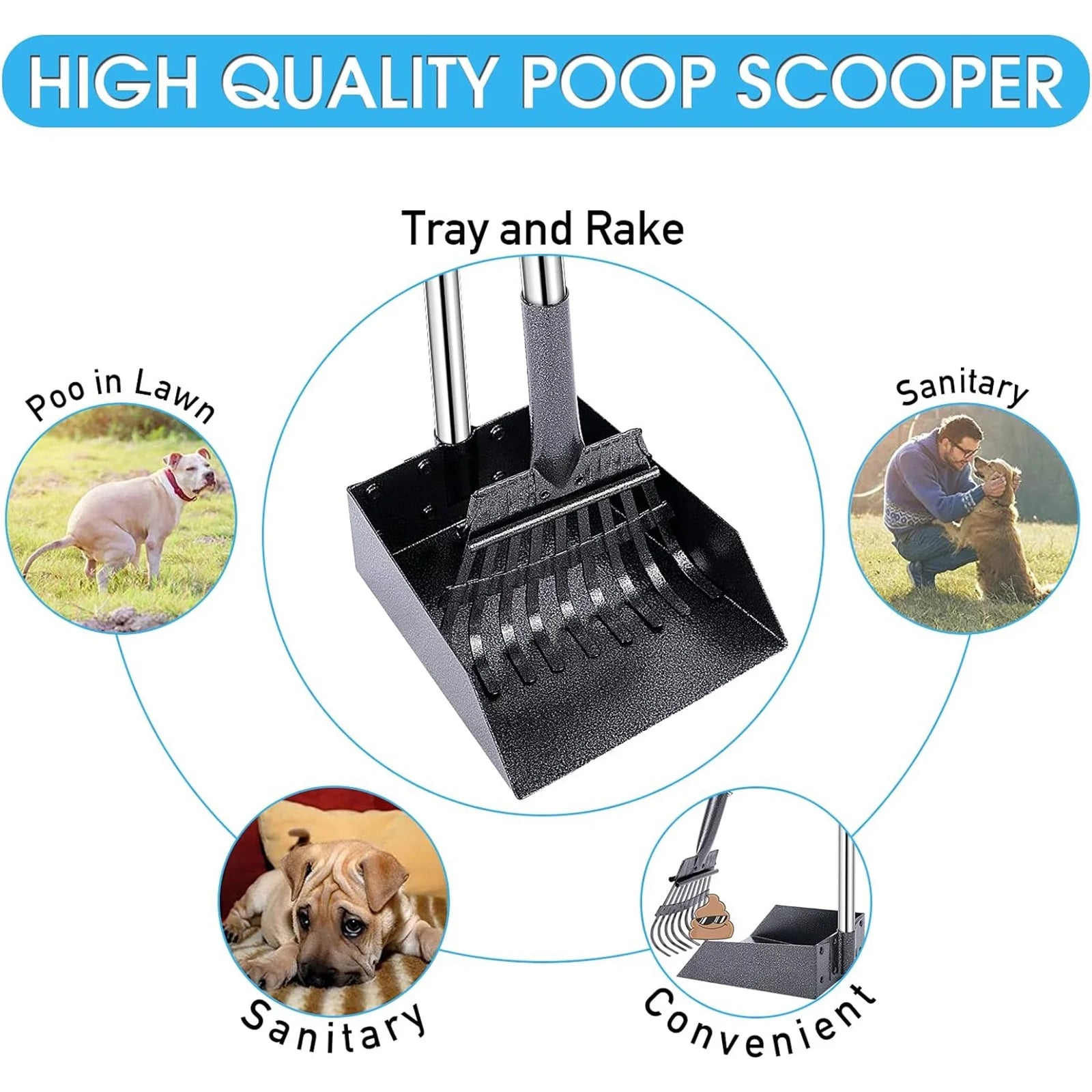 Pet Pooper Scooper, Height Adjustable Dog Poop Scoop Removal Picker with Long Handle Extra Large Tray - Easy to Wash