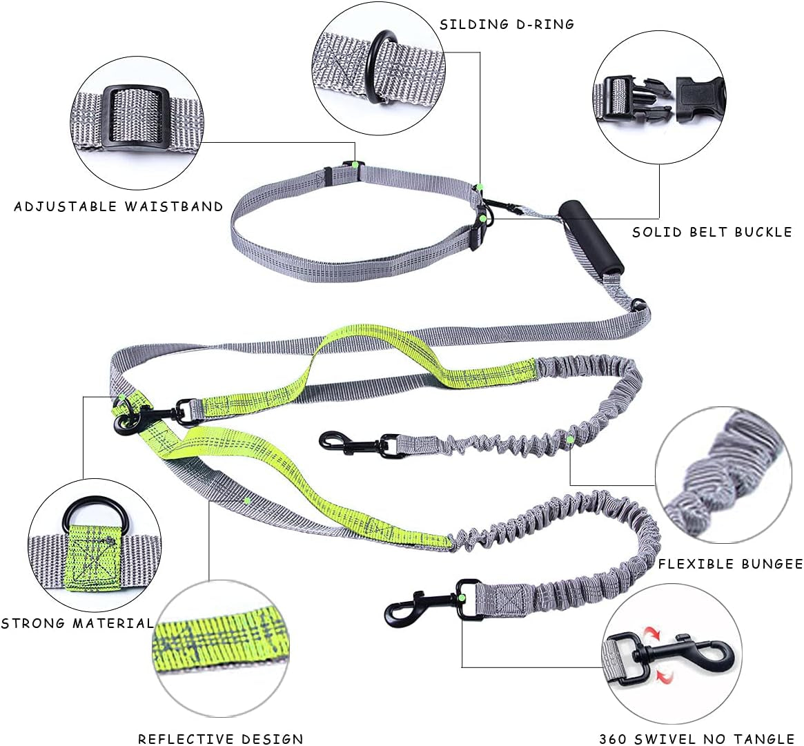 Running Dog Leash for 2 Dog, Double Dog Leash, 360 Swivel No Tangle Bungees Double Leash for Dog, Shock Absorbing Reflective Hands Free Dog Leash, Two Dog Leash for Walking Training, Yellow