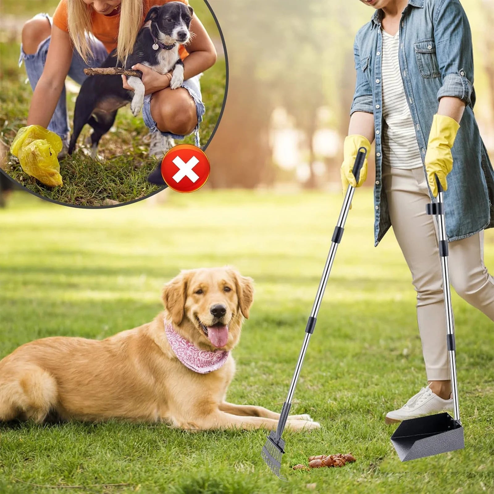 Pet Pooper Scooper, Height Adjustable Dog Poop Scoop Removal Picker with Long Handle Extra Large Tray - Easy to Wash