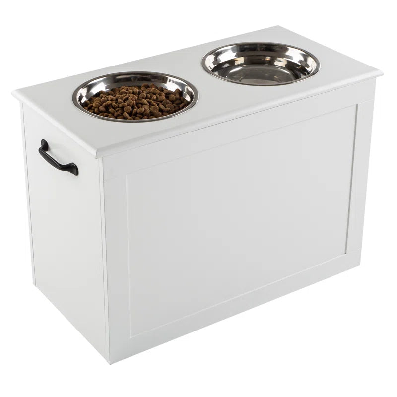 Elevated Dog Bowls with Storage, White