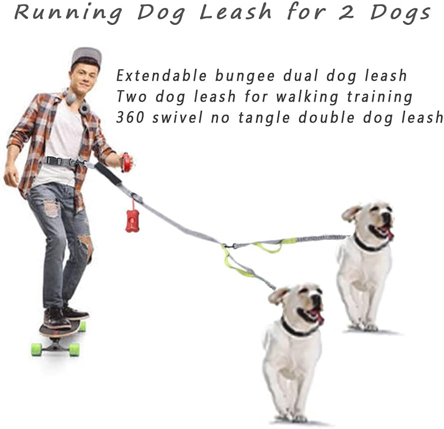 Running Dog Leash for 2 Dog, Double Dog Leash, 360 Swivel No Tangle Bungees Double Leash for Dog, Shock Absorbing Reflective Hands Free Dog Leash, Two Dog Leash for Walking Training, Yellow