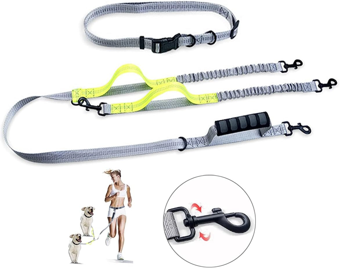 Running Dog Leash for 2 Dog, Double Dog Leash, 360 Swivel No Tangle Bungees Double Leash for Dog, Shock Absorbing Reflective Hands Free Dog Leash, Two Dog Leash for Walking Training, Yellow